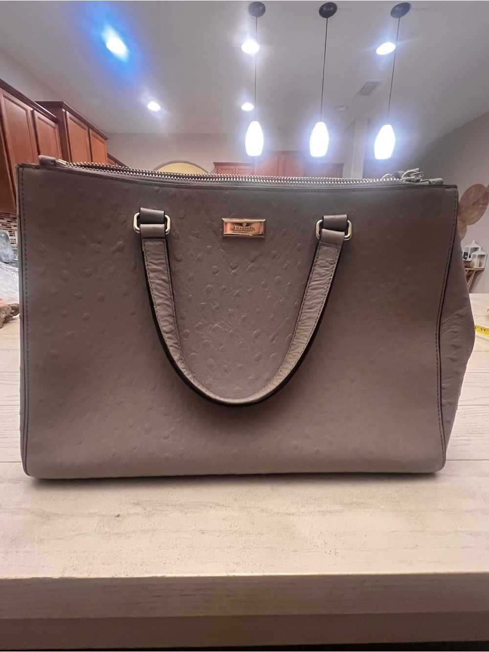 Kate Spade New York Taupe Ostrich Embossed Leather Satchel Handbag